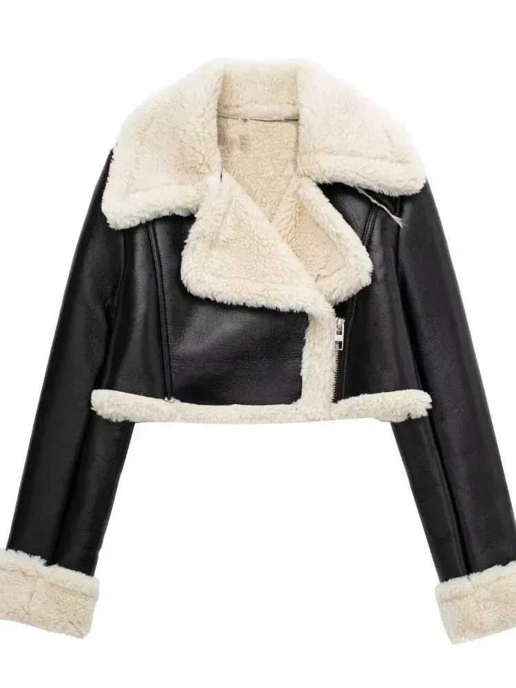 2023 Autumn Winter Women's Leather Jacket Coat Fashion Vintage Zippers Faux Leathers Casual Simple Cool Short Soft Warm Coats