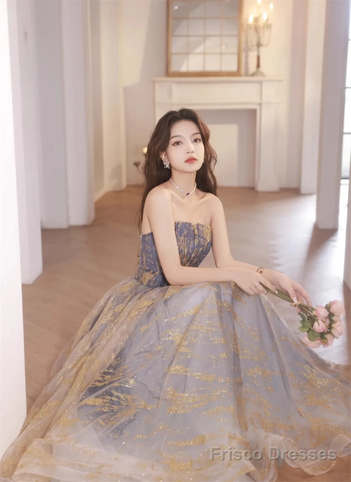 A-Line Blue Gradient Tulle Long Party Dress, A-Line Blue Prom Dress Formal Dress