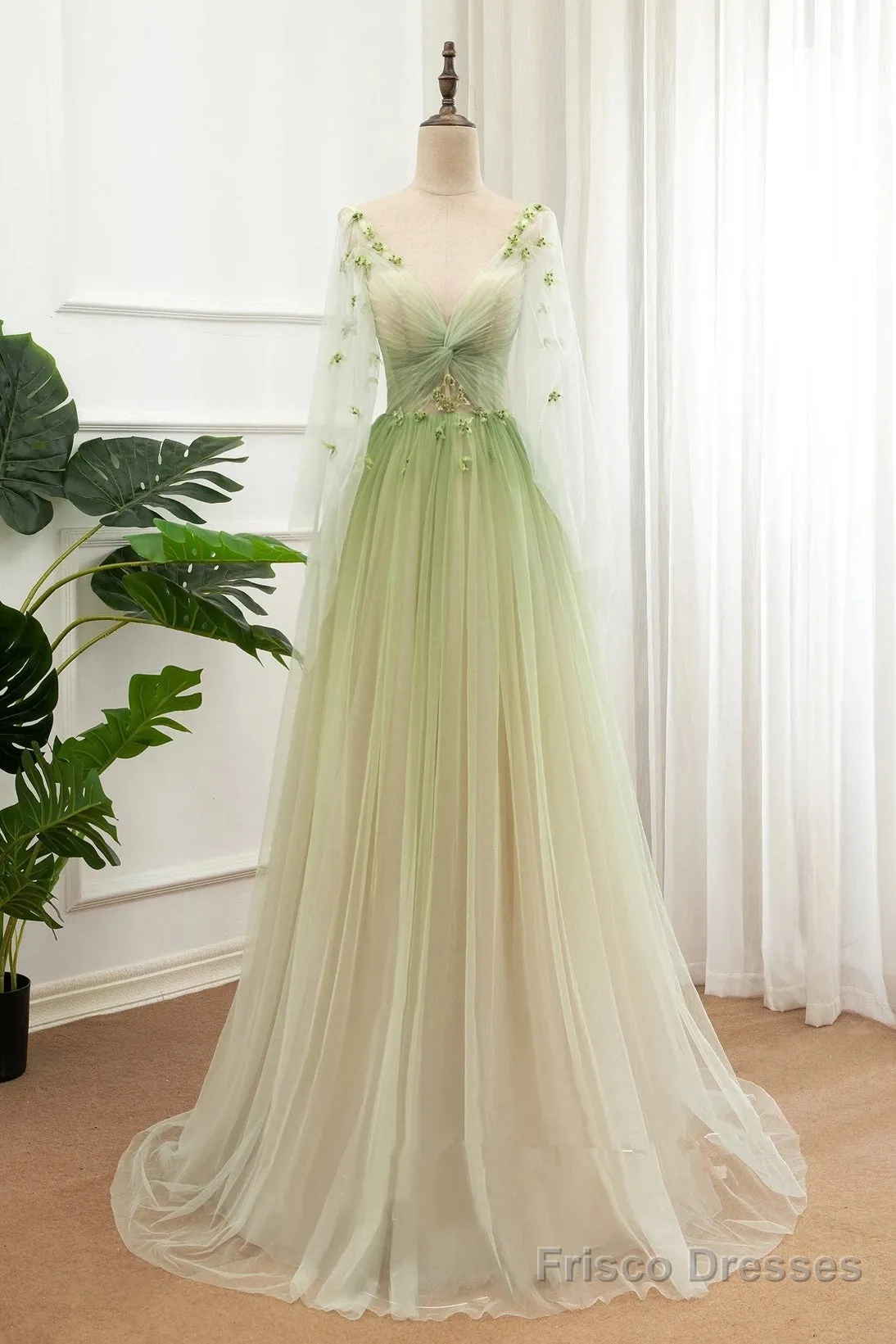A-Line Green Tulle Gradient Long Party Dress, Green Floor Length Formal Dress