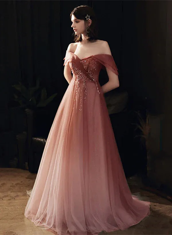 A-line Pink Gradient Tulle Long Beaded Formal Dress
