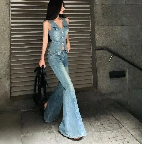 Advbridge -  Hot Girl Retro Style Suit Women's Summer Gradient Denim Vest Low Waist Micro Flare Jeans Two-piece Set Fashion Female Clothes
