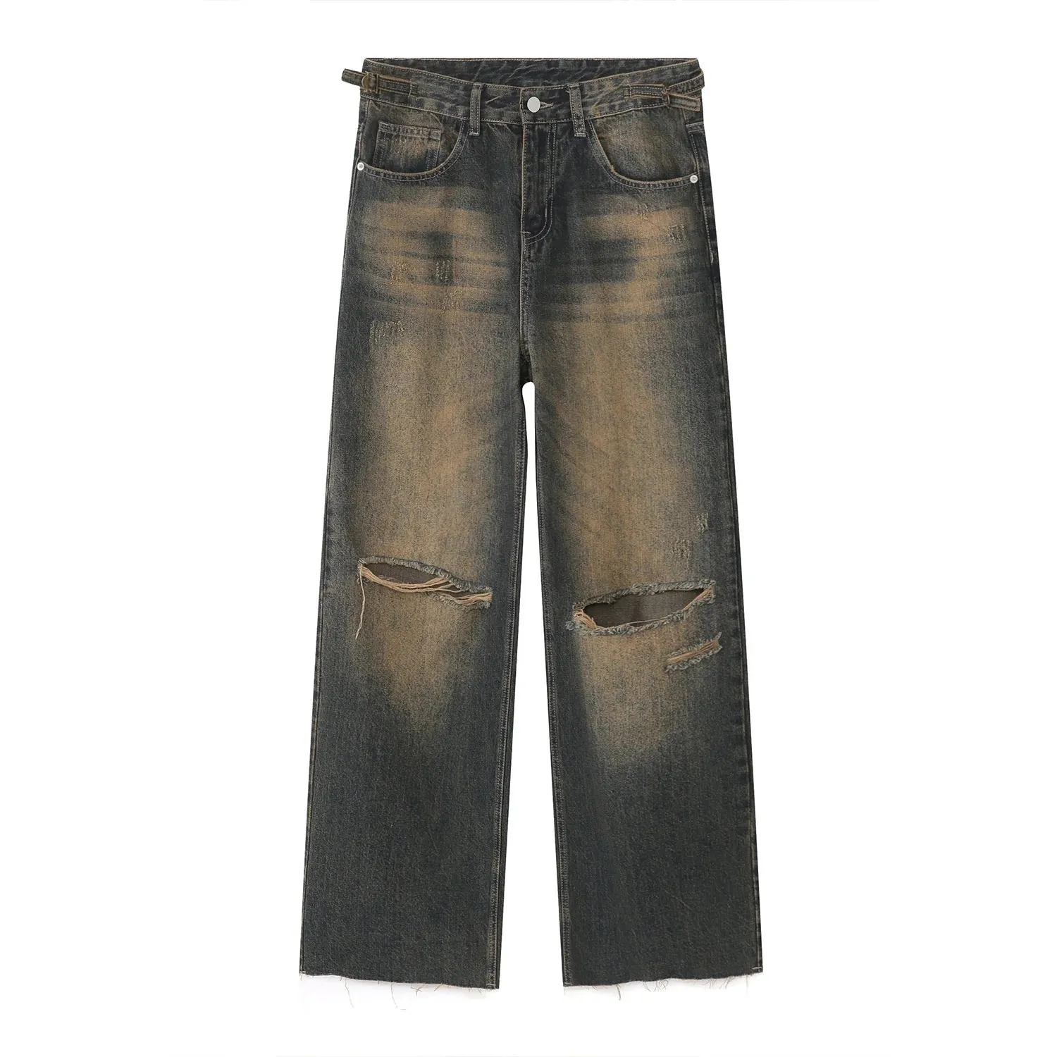 American Style Vintage Male Hiole Jeans Summer High Street Men's Wide Leg Denim Pants Gradient Straight Trousers 9A8592