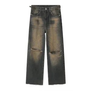 American Style Vintage Male Hiole Jeans Summer High Street Men's Wide Leg Denim Pants Gradient Straight Trousers 9A8592
