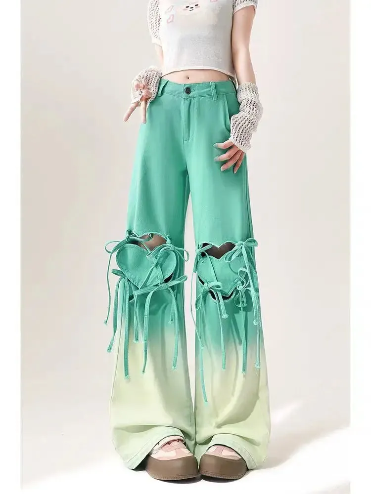 Amozae-Pink Gradient Jeans Hollow Love Harajuku Wind Aesthetic Design Denim Trousers Women'S Y2k Retro Baggy Jeans