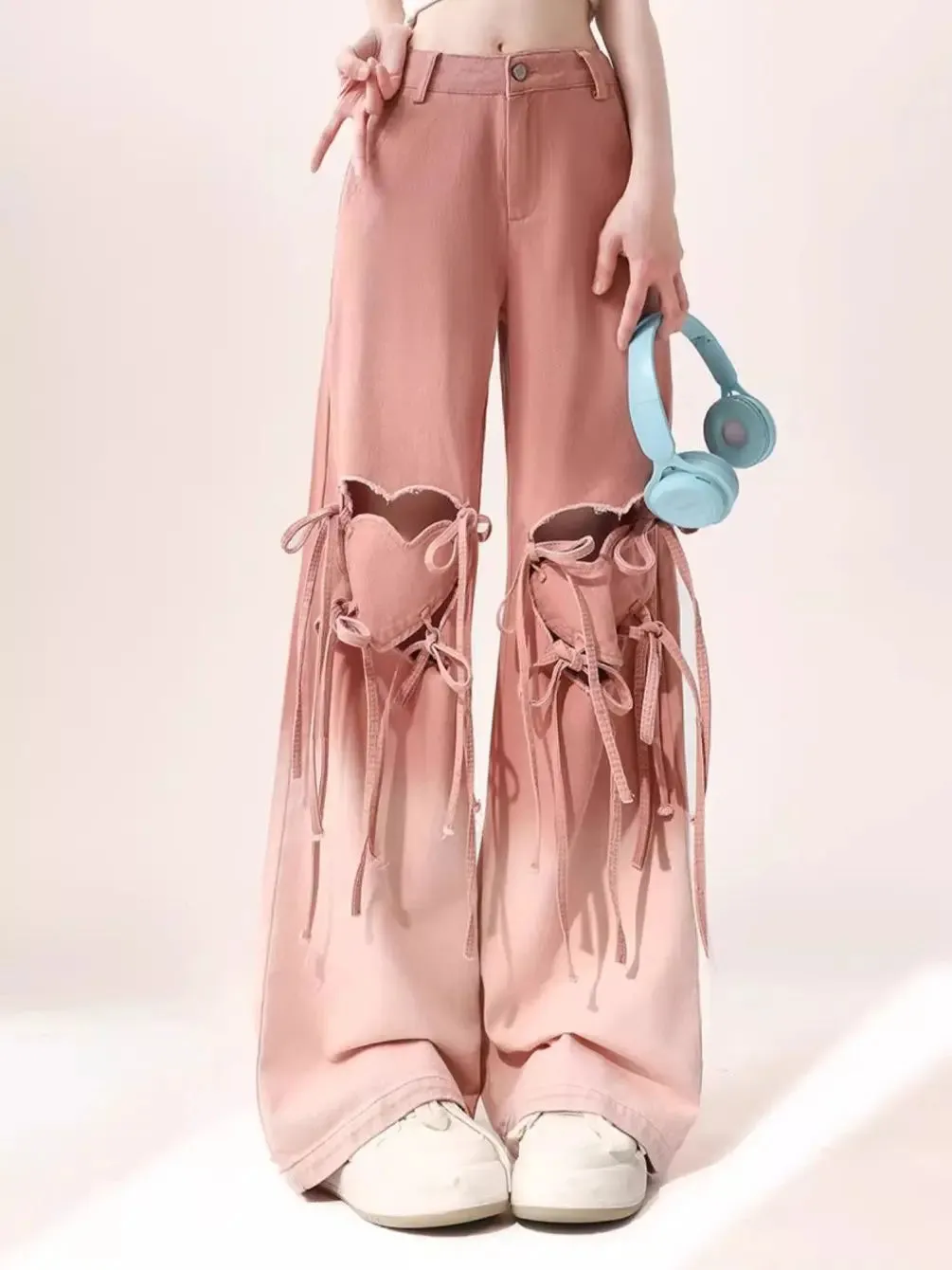 Amozae-Pink Gradient Jeans Hollow Love Harajuku Wind Aesthetic Design Denim Trousers Women'S Y2k Retro Baggy Jeans