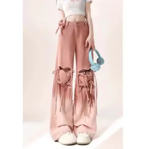Amozae-Pink Gradient Jeans Hollow Love Harajuku Wind Aesthetic Design Denim Trousers Women'S Y2k Retro Baggy Jeans