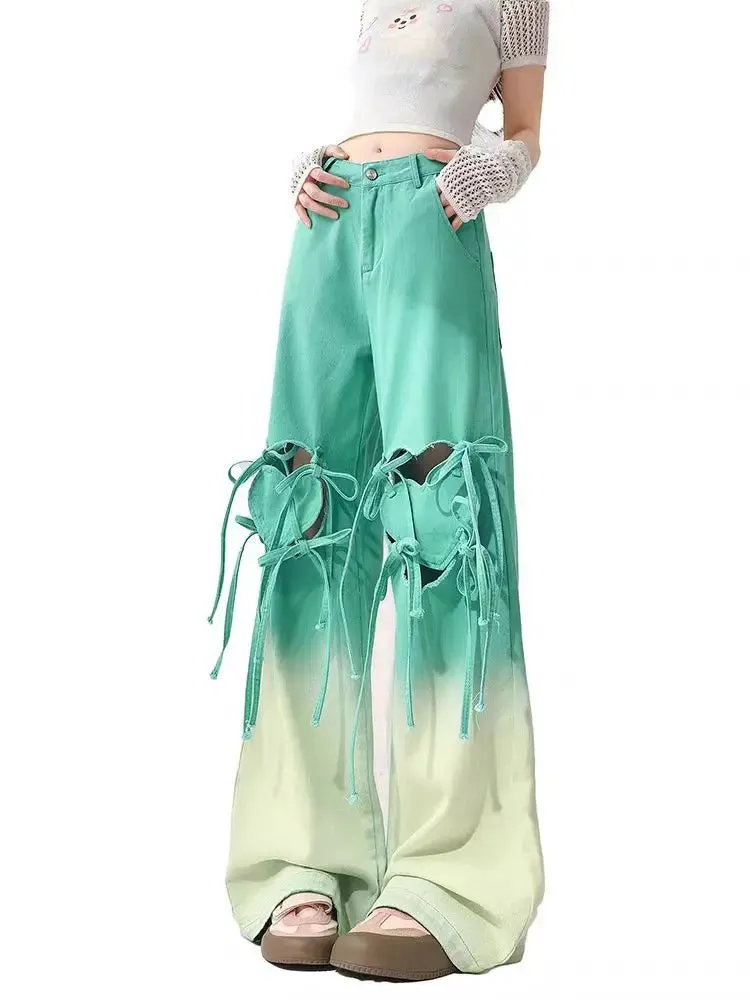 Amozae-Pink Gradient Jeans Hollow Love Harajuku Wind Aesthetic Design Denim Trousers Women'S Y2k Retro Baggy Jeans