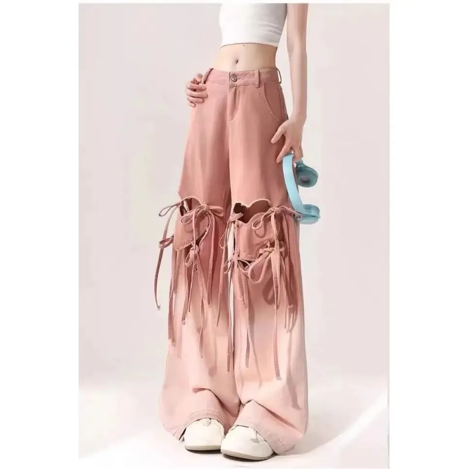 Amozae-Pink Gradient Jeans Hollow Love Harajuku Wind Aesthetic Design Denim Trousers Women'S Y2k Retro Baggy Jeans
