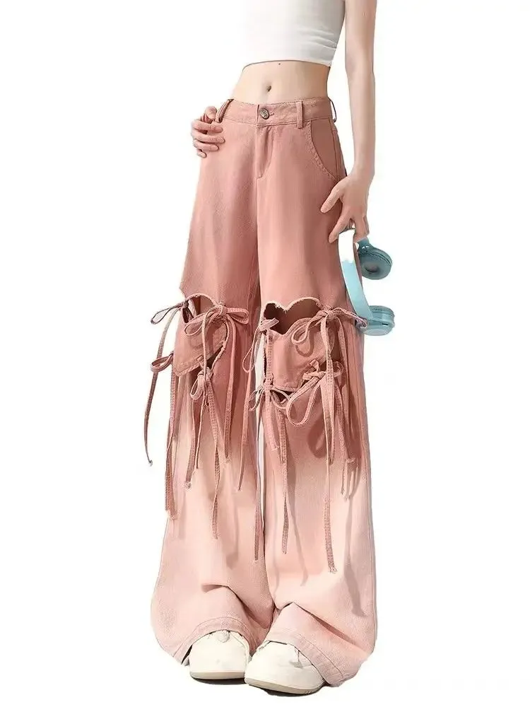 Amozae-Pink Gradient Jeans Hollow Love Harajuku Wind Aesthetic Design Denim Trousers Women'S Y2k Retro Baggy Jeans