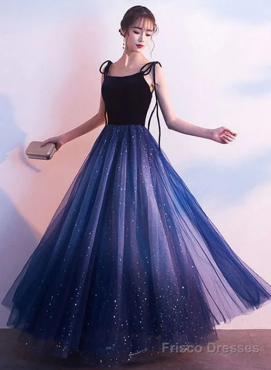 Beautiful Blue Gradient Tulle And Velvet Long Straps Prom Dress, Blue Evening Dresses