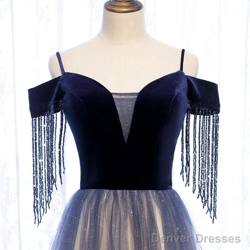 Beautiful Blue Gradient Tulle Long Party Dresses,A-Line Off Shoulder Formal Dresses