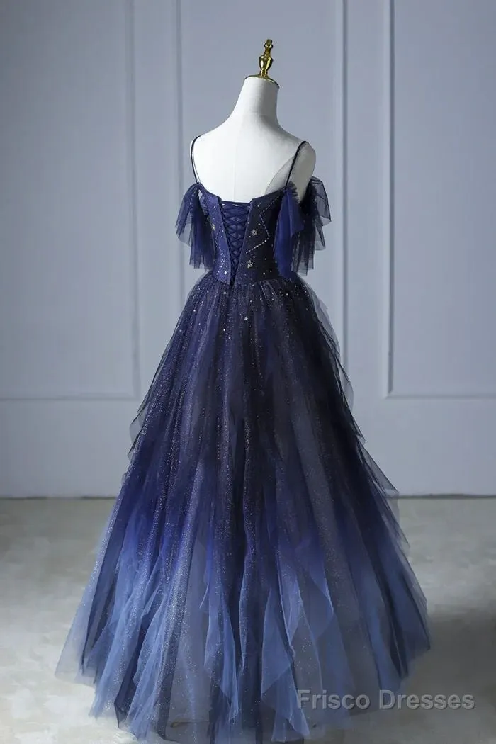 Beautiful Blue Gradient Tulle Long Prom Dress, Spaghetti Strap Evening Dress