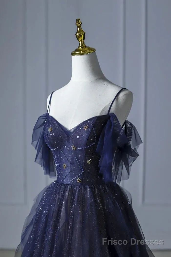 Beautiful Blue Gradient Tulle Long Prom Dress, Spaghetti Strap Evening Dress