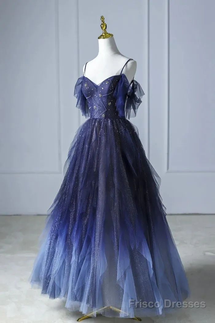 Beautiful Blue Gradient Tulle Long Prom Dress, Spaghetti Strap Evening Dress