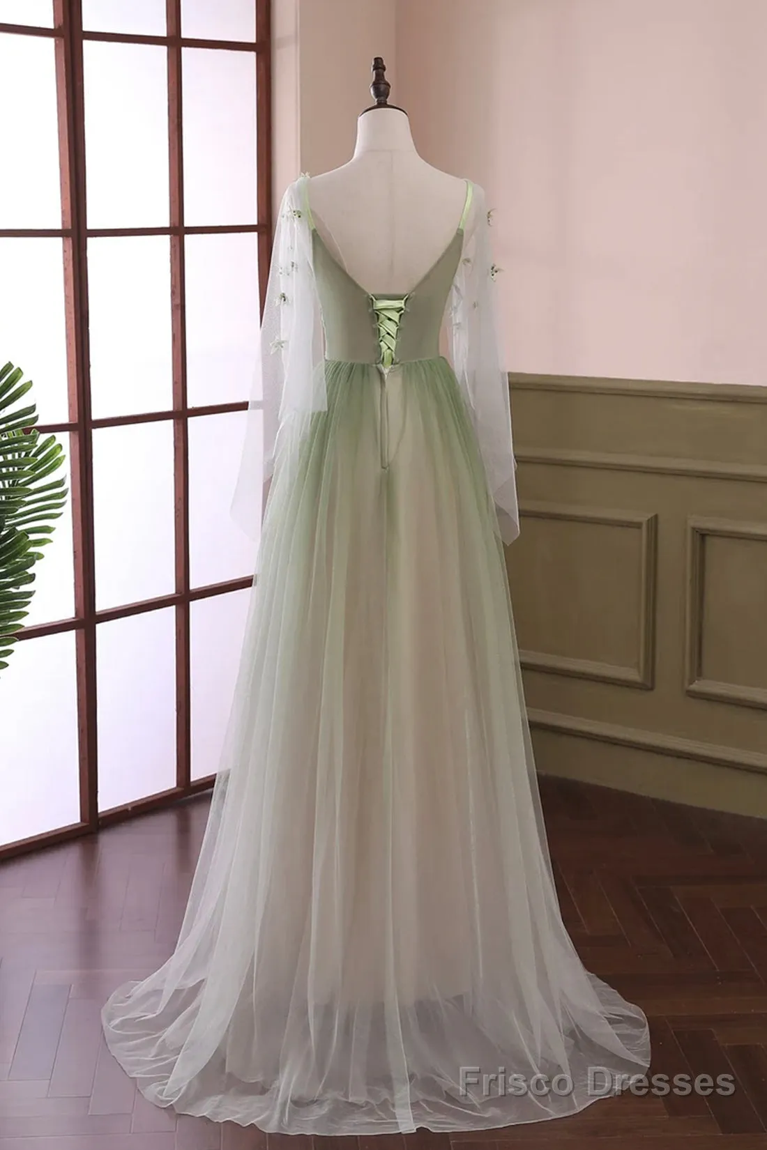 Beautiful Gradient Tulle Green Long Sleeves Party Dress, Green Evening Formal Dresses