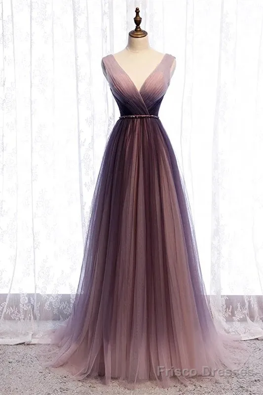 Beautiful Gradient V-Neckline Tulle Long Prom Dress Party Dress, Gradient Evening Gown