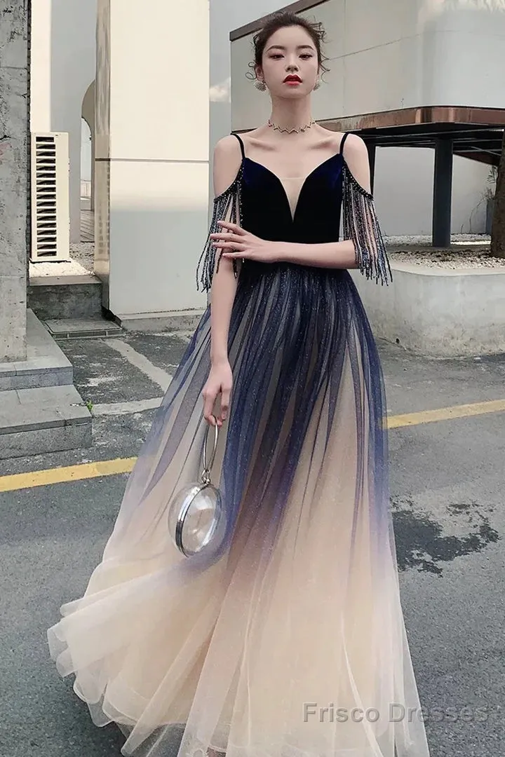 Beautiful Tulle Blue Gradient V-Neckline Straps Prom Dress, A-Line Tulle Formal Dress