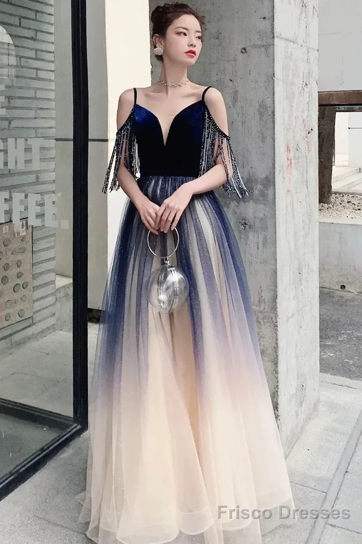 Beautiful Tulle Blue Gradient V-Neckline Straps Prom Dress, A-Line Tulle Formal Dress