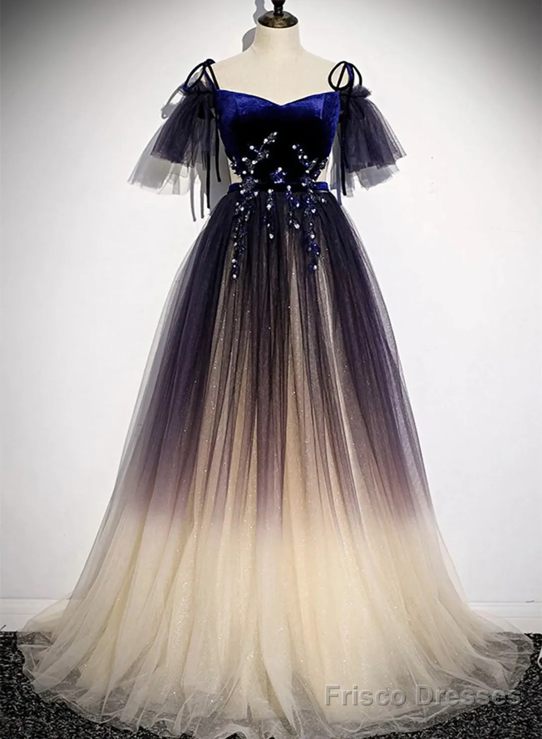 Beautiful Velvet And Gradient Tulle Long Party Dress, Straps Long Evening Gown