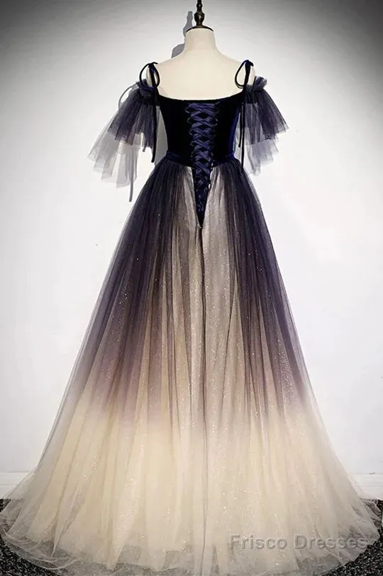 Beautiful Velvet And Gradient Tulle Long Party Dress, Straps Long Evening Gown