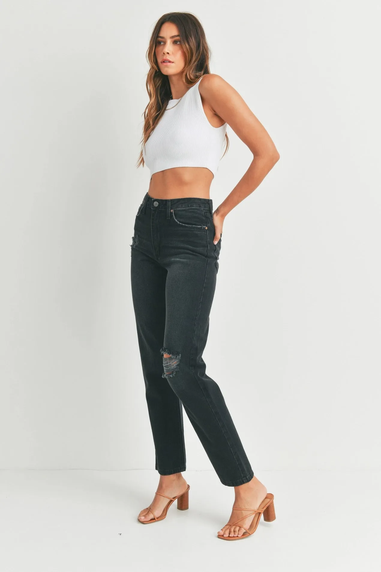 Beth High Rise Long Straight Jean | Washed Black