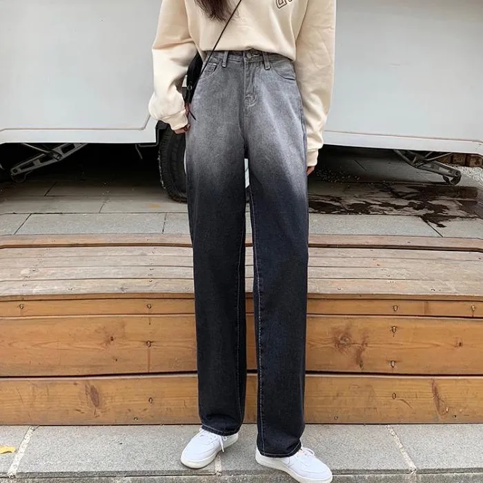 Black Blue Gradient Washed High Waist Straight Jeans