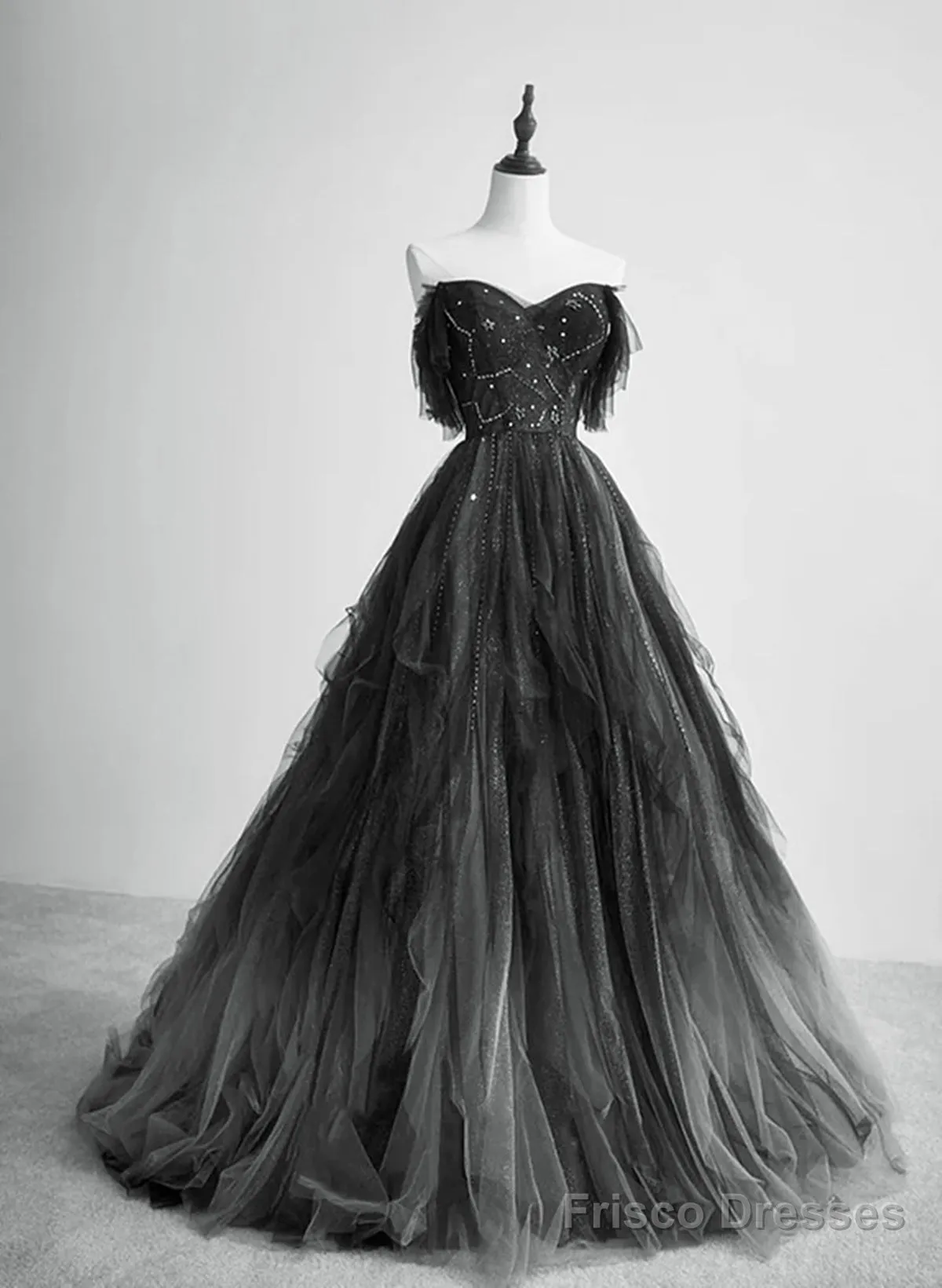 Black Tulle Gradient Long Party Dress With Beadings, Black Evening Dress Prom Dress