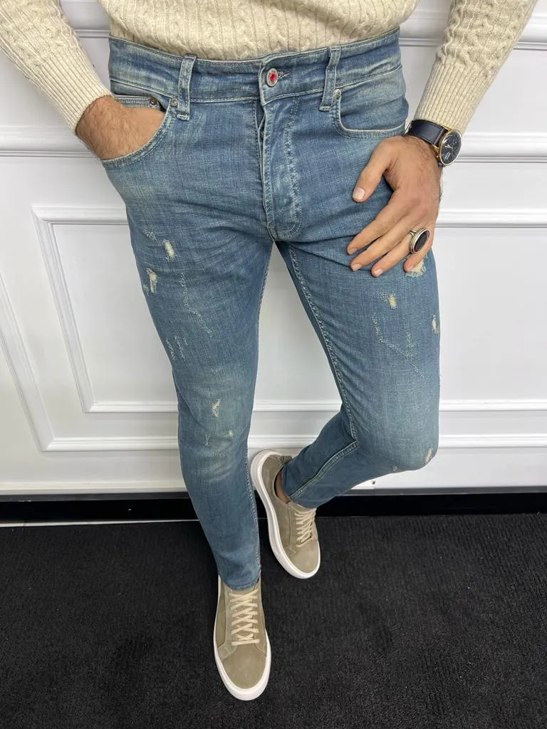 Blue Slim Fit Distress Jeans for Men by GentWith.com