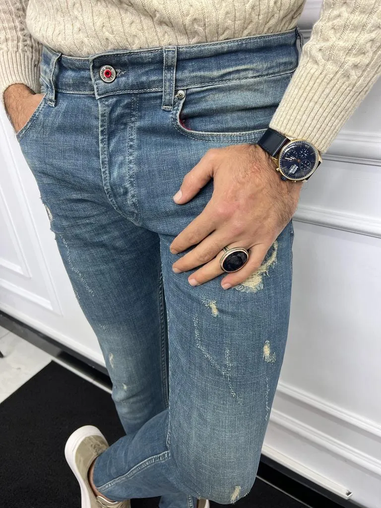 Blue Slim Fit Distress Jeans for Men by GentWith.com