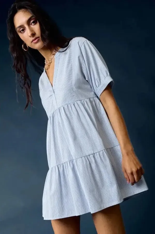 Blue Striped V-Neck Tiered Baby Doll Dress