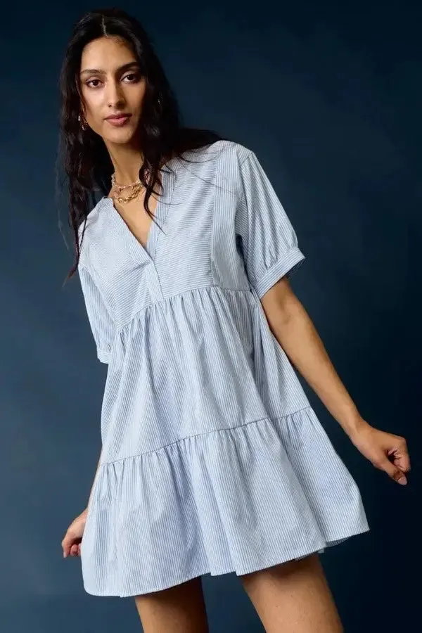 Blue Striped V-Neck Tiered Baby Doll Dress