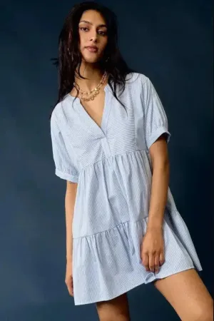 Blue Striped V-Neck Tiered Baby Doll Dress