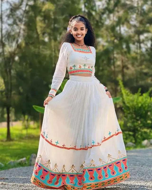 Colorful Habesha Dress with Crop Top and Skirt Elegant Ethiopian Dress
