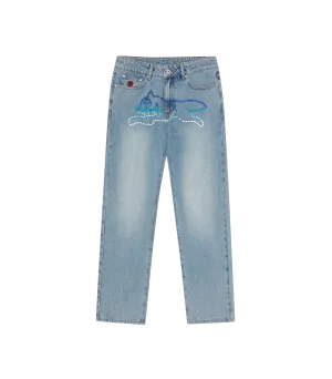 CRYSTAL RUNNING DOG DENIM PANTS - LIGHT BLUE