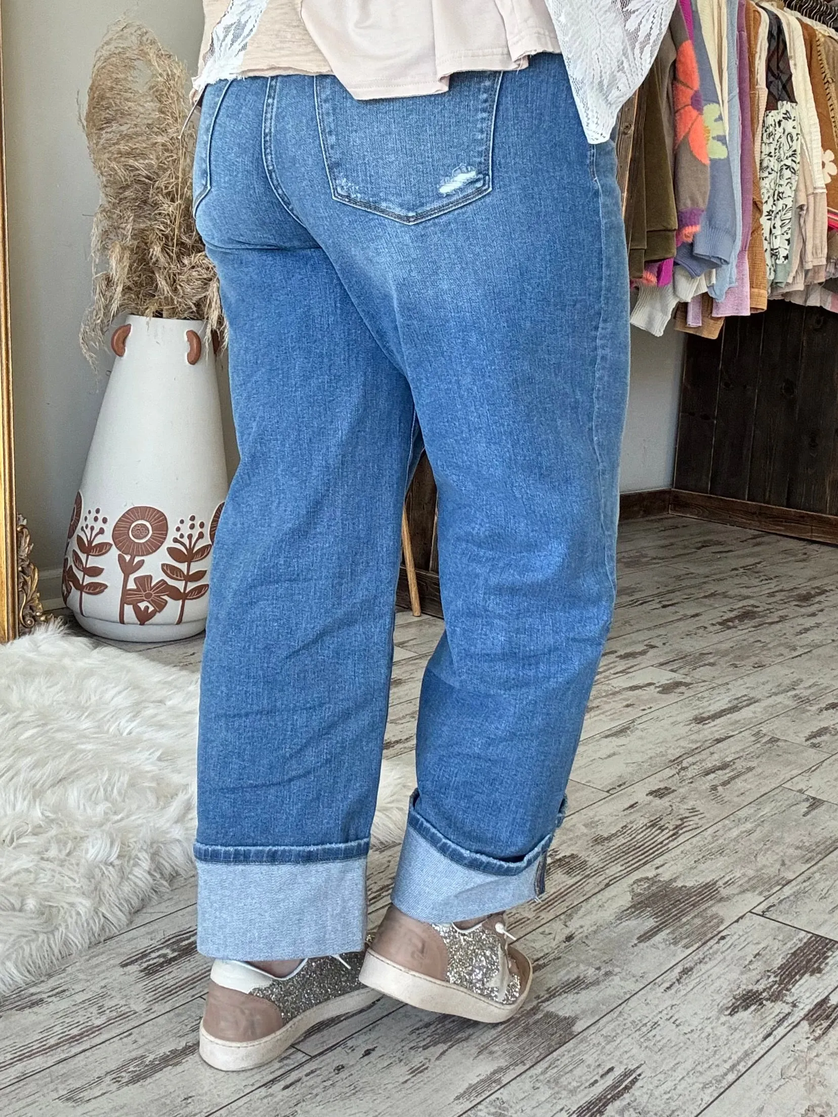 Cuffed Wide Leg High Rise Jeans