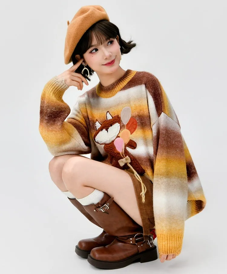 Cute Gradient Rainbow Striped Cartoon Fox Embroidered Sweater