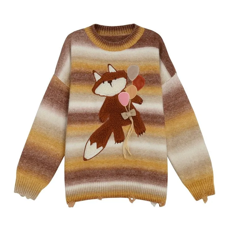 Cute Gradient Rainbow Striped Cartoon Fox Embroidered Sweater