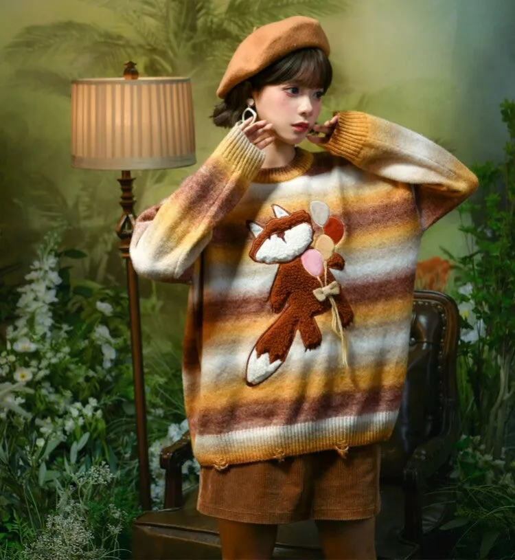 Cute Gradient Rainbow Striped Cartoon Fox Embroidered Sweater