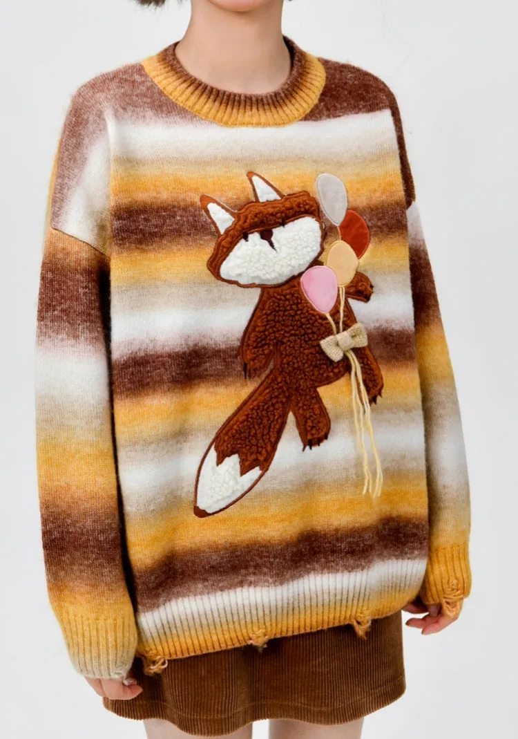 Cute Gradient Rainbow Striped Cartoon Fox Embroidered Sweater