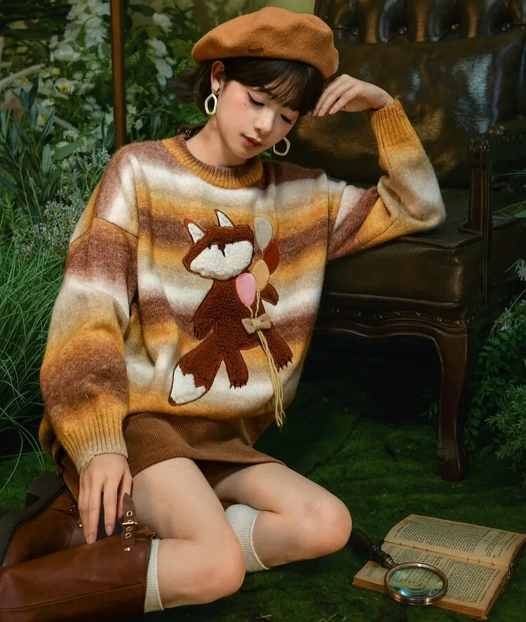 Cute Gradient Rainbow Striped Cartoon Fox Embroidered Sweater