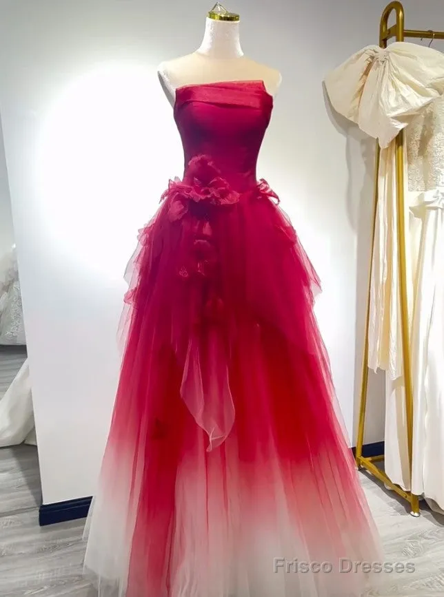 Cute Gradient Tulle Strapless A-Line Long Wedding Dress Evening Ball Gown