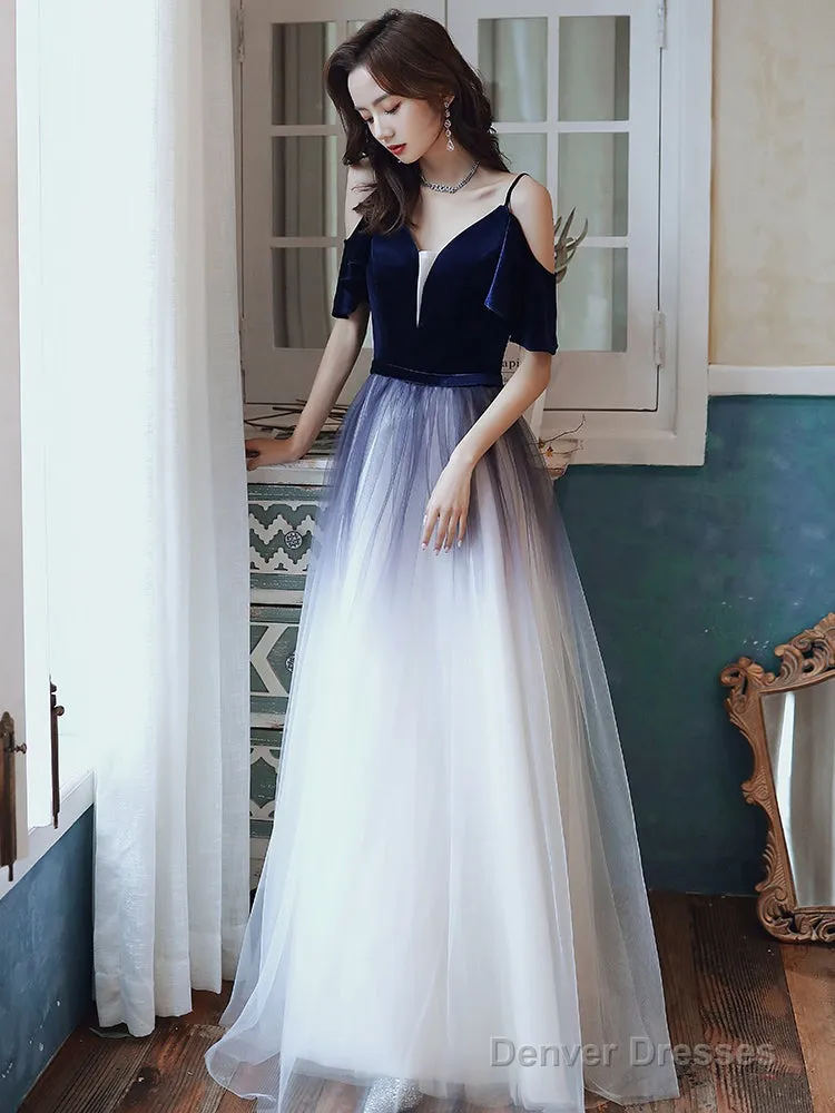 Cute Simple V-Neckline Long Party Dresses, A-Line Gradient Floor Length Bridesmaid Dresses
