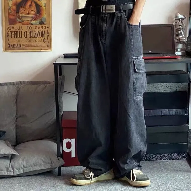 DEANWANGKT Back To School  Baggy Jeans Trousers Male Denim Pants Black Wide Leg Pants Men's Jeans Oversize Cargo Korean Streetwear Hip Hop Harajuku