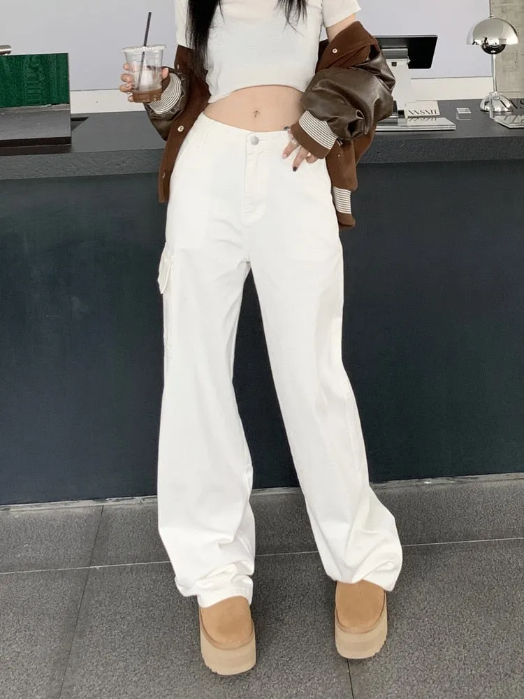 deanwangkt Loose Denim Cargo Pants Mujer Casual High Waist Pocket Mom Jeans Women  Spring Summer White Baggy Woman Jeans