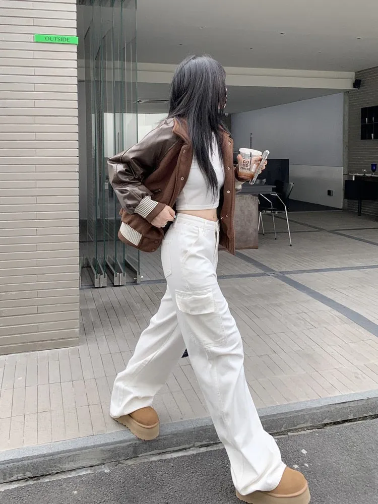deanwangkt Loose Denim Cargo Pants Mujer Casual High Waist Pocket Mom Jeans Women  Spring Summer White Baggy Woman Jeans