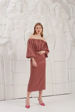 DELIA terracotta off shoulder midi dress