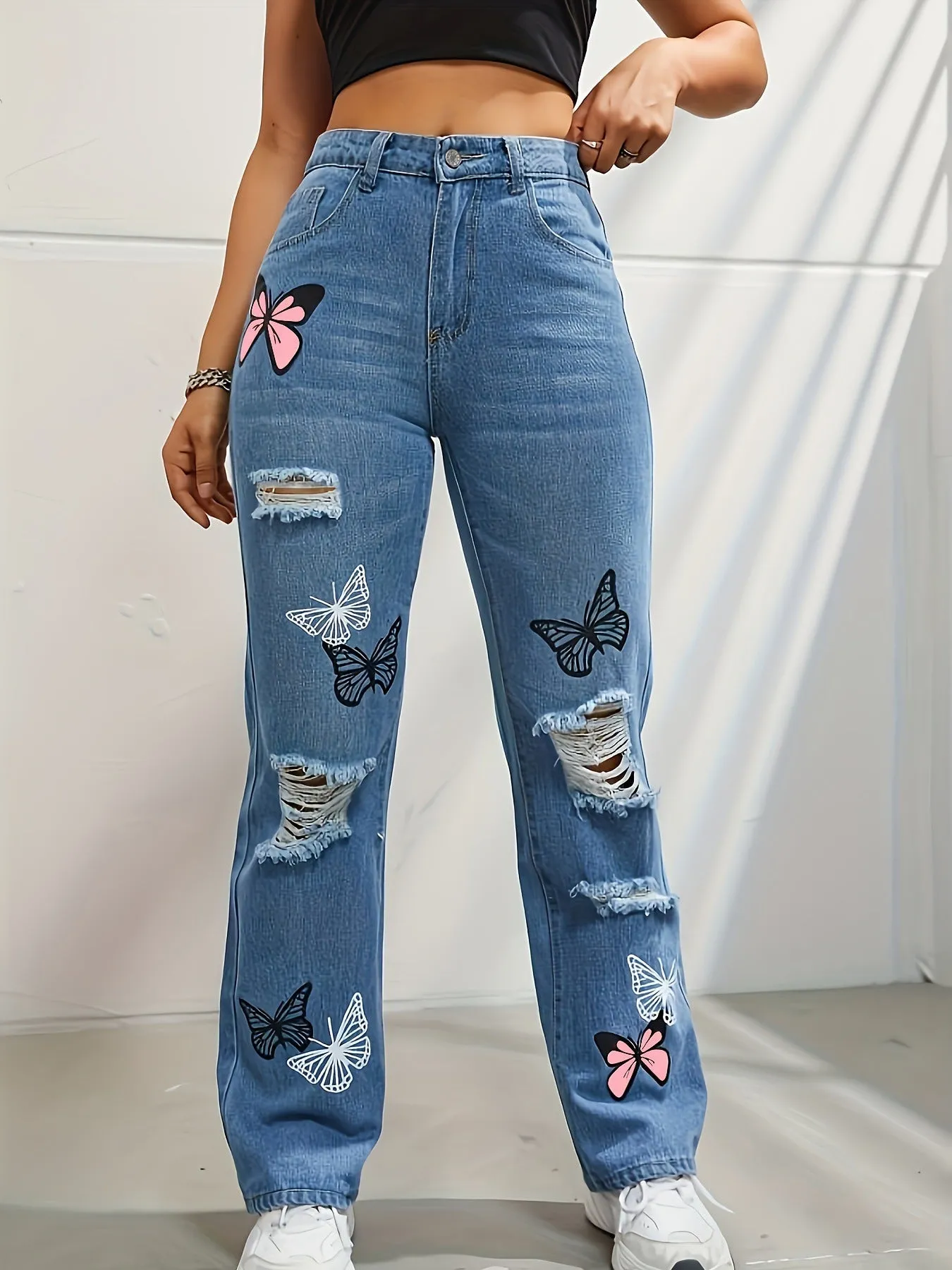 Denim Pants High Waisted Straight Leg Jeans
