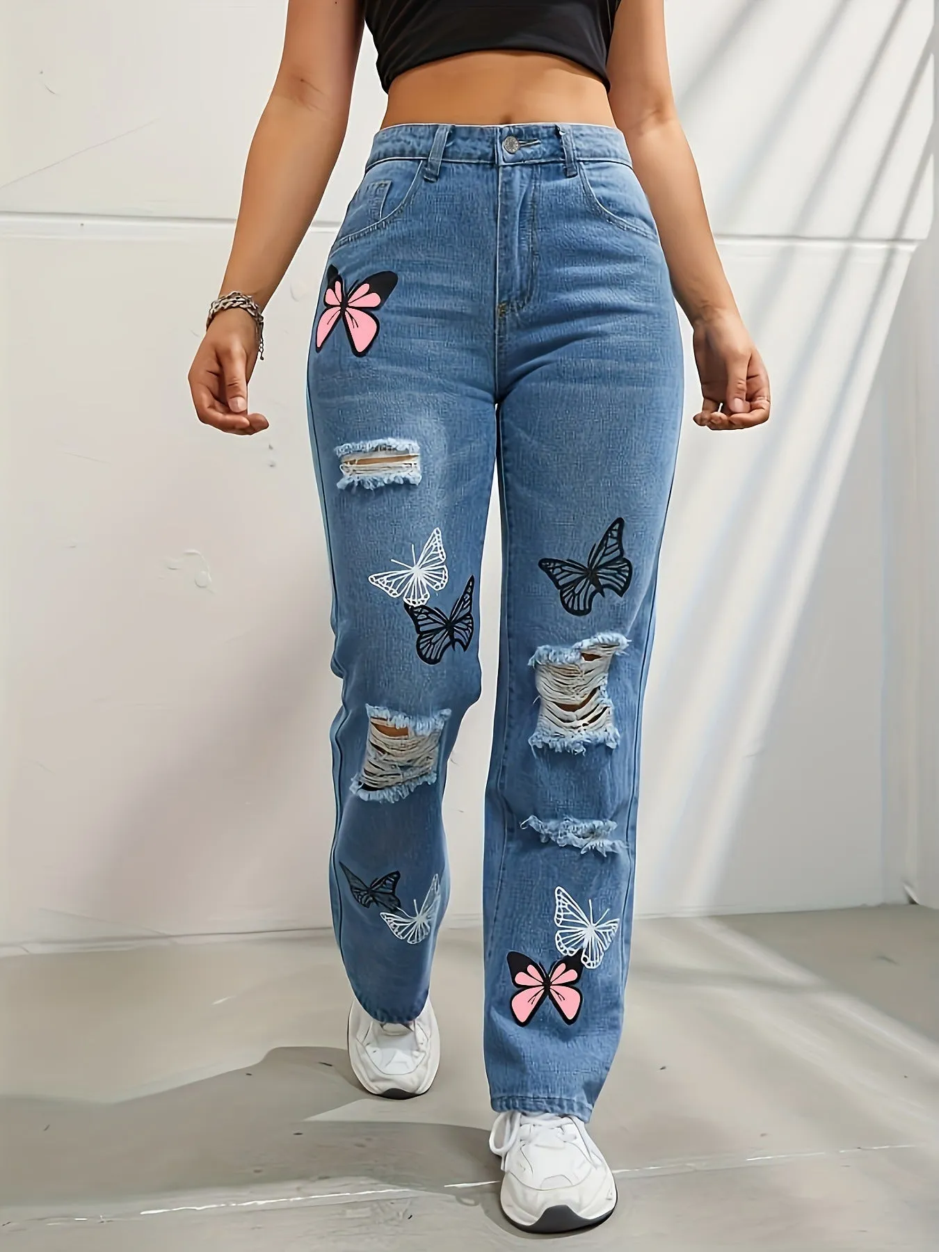 Denim Pants High Waisted Straight Leg Jeans