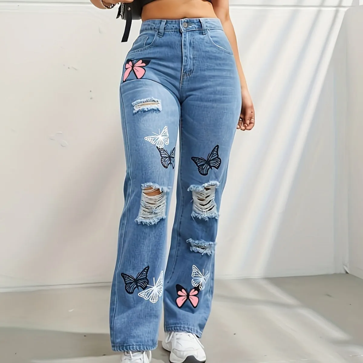 Denim Pants High Waisted Straight Leg Jeans