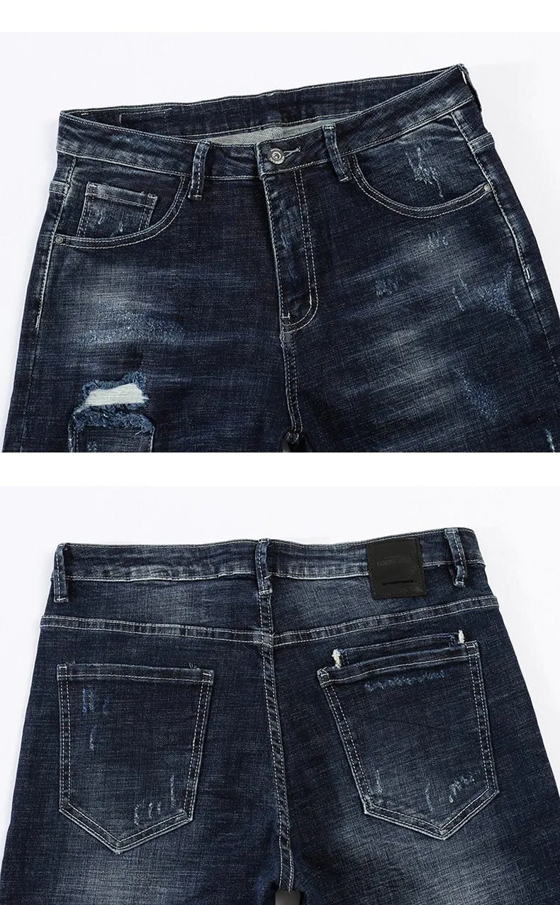 Distressed Ripped Patchwork Skinny Tapered Jeans - Blue